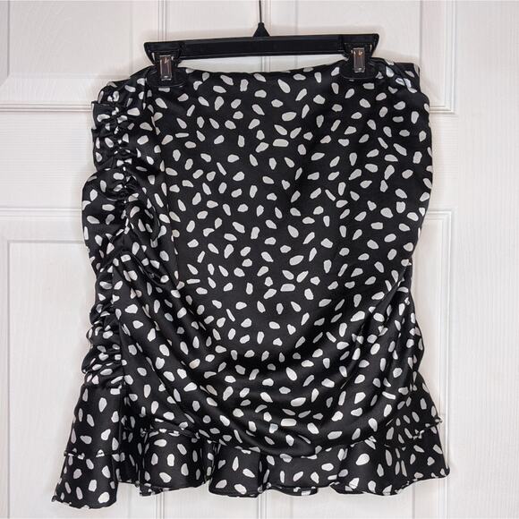 Leche Black & White Polka Dot Pattern Ruched Ruffle Trim Skirt L - Picture 6 of 15